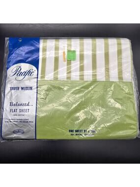 Vintage Sage Green Striped Flat Sheet Double or Queen Bed Pacific Truth Muslin